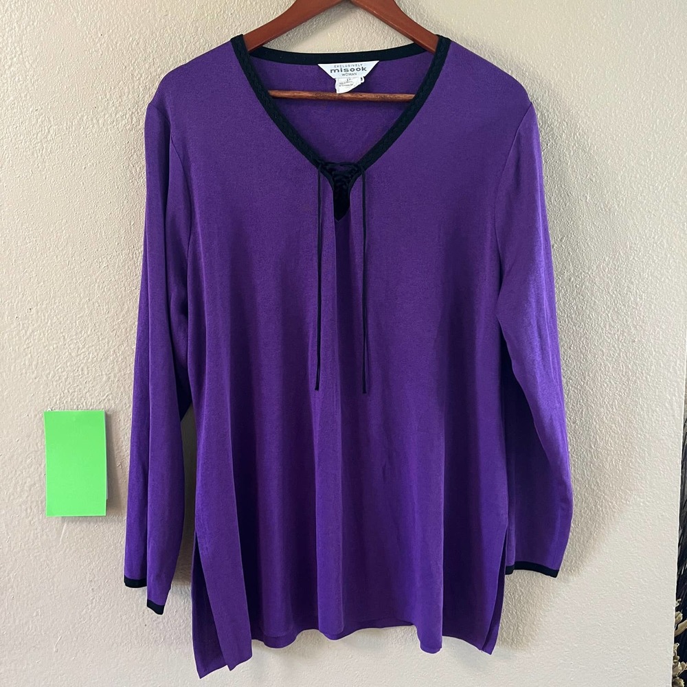 Misook purple lace up tie neck long sleeve top